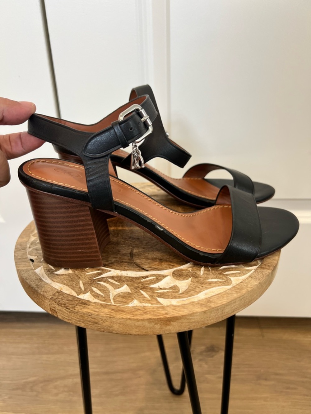 Coach Black Leather Block Heel Sandals with Charm Accent